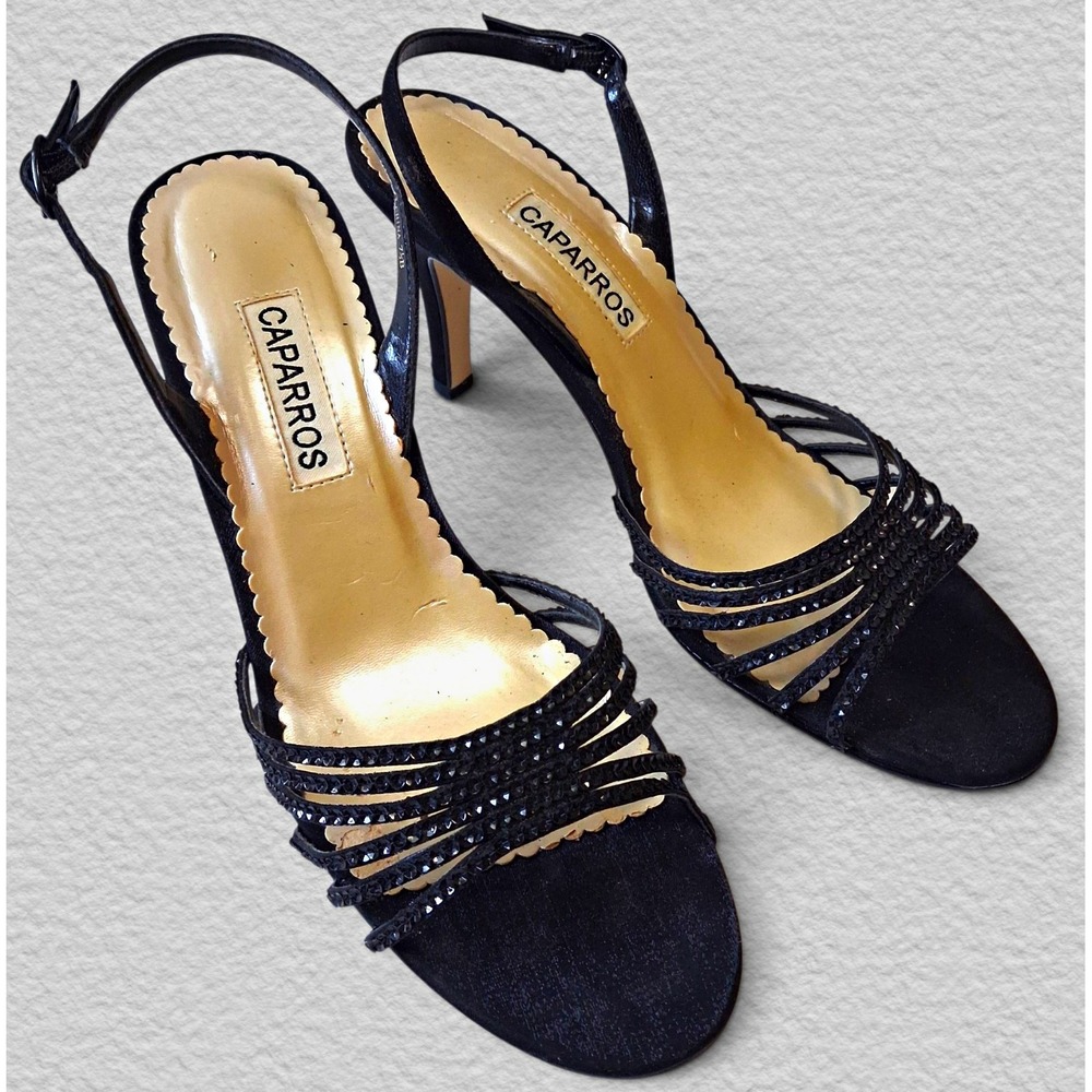 Y2K Caparros Black Satin Crystal Strappy Slingback Kitten Heels Leather Sole 7.5